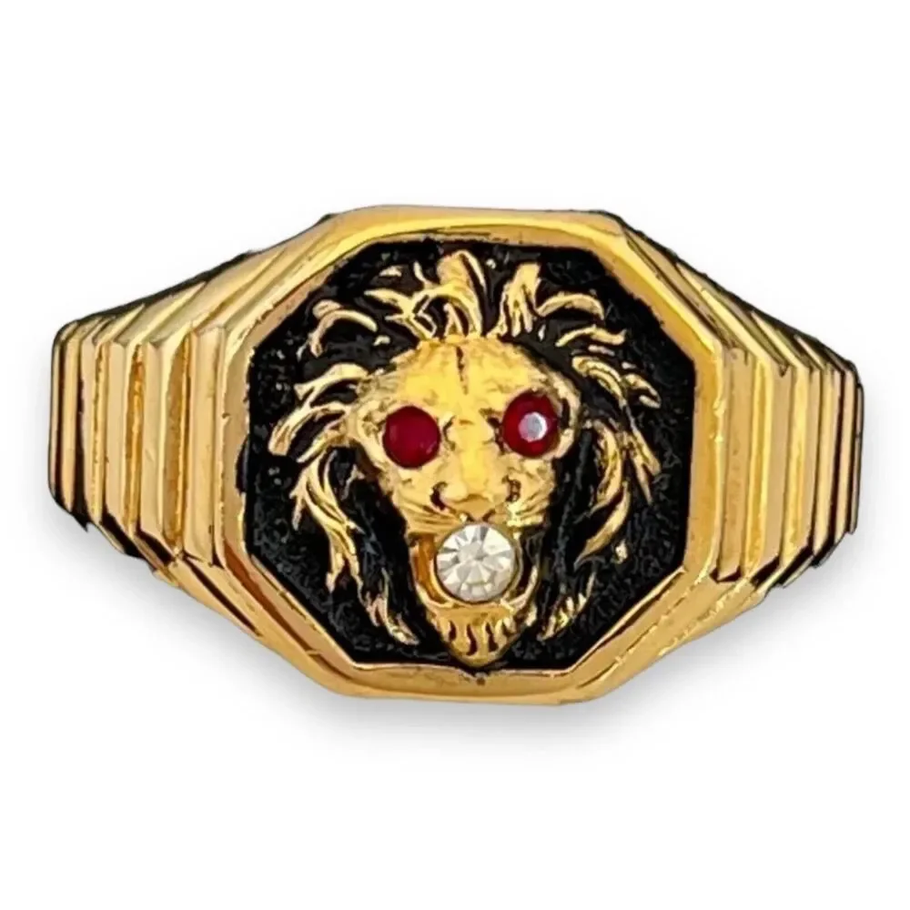 Vintage 1970s Ring Size 12 Clark Coombs Lions Head Crystal Eyes Gold Plate - 14P